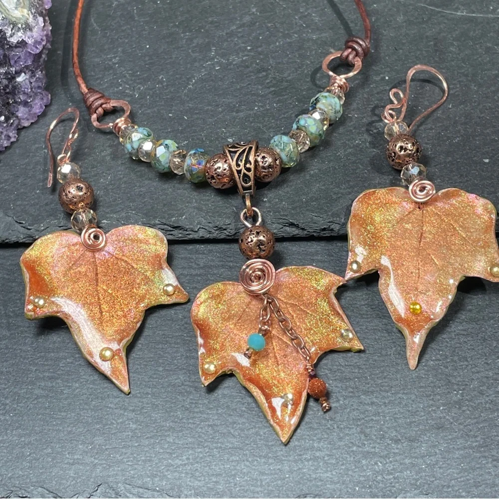Autumn Leaf Jewelry Set Fairycore Earrings And Pendant | Artisan Jewelry